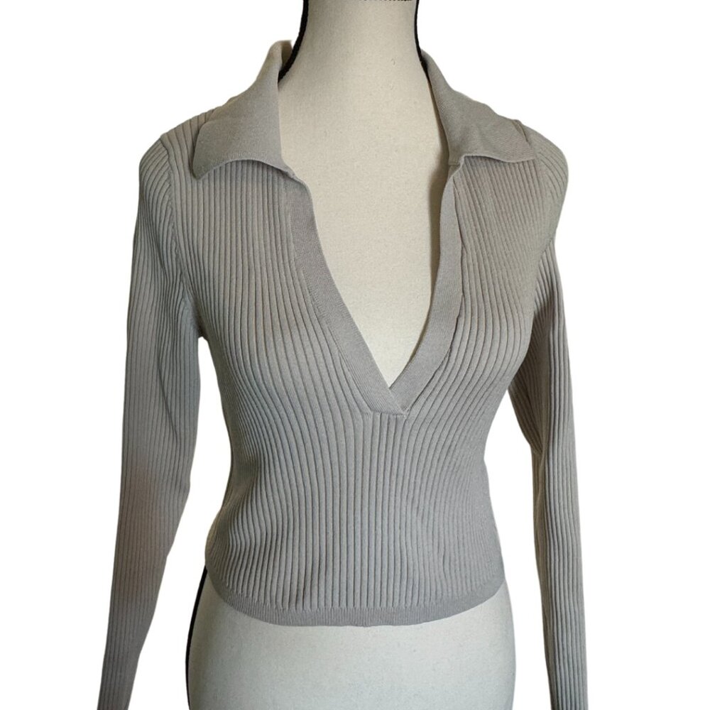 Aritzia Sculpt Knit Long Sleeve Polo | Matte Pearl | Size M |